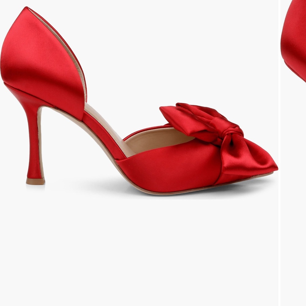 Jewel Badgley Mischka Red Satin Bow Heels - Picture 2 of 10